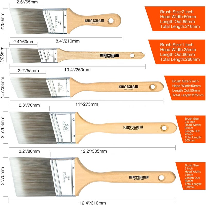 KingOrigin King Origin 10-Pack Professional Angled Paint Brushes Set (1", 1.5", 2", 2.5", 3") Synthetic Wall & Trim Brushes for Cutting Edges, Cabinets, Touch-Ups | Reusable Bulk Paintbrush Kit - Image 2